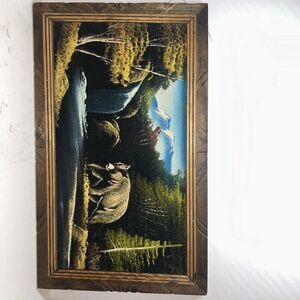 Vintage 1970s Framed Black Felt Painting 12” x 21”Inch Black Bear With Trees